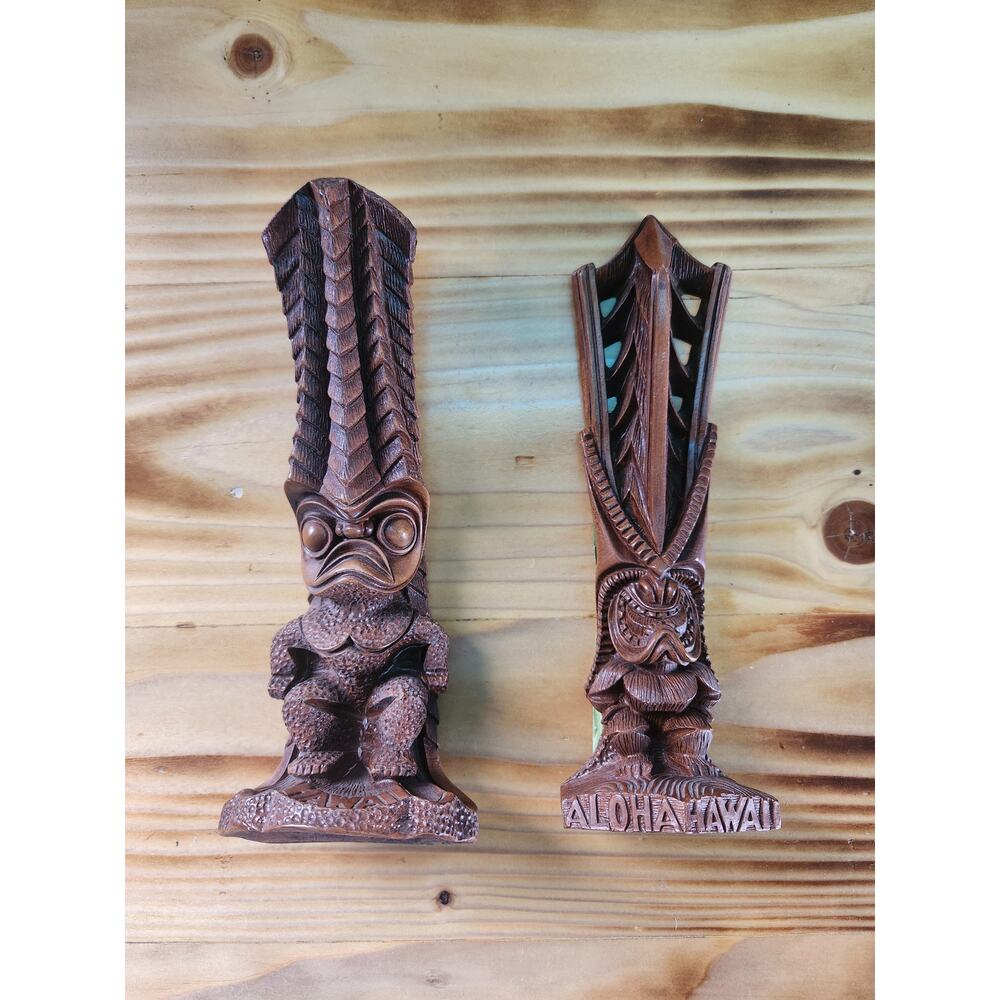 1981 Coco Joe's Pair Kanaloa Lono Tiki Figurines Hawaiian Gods Hapa Wood